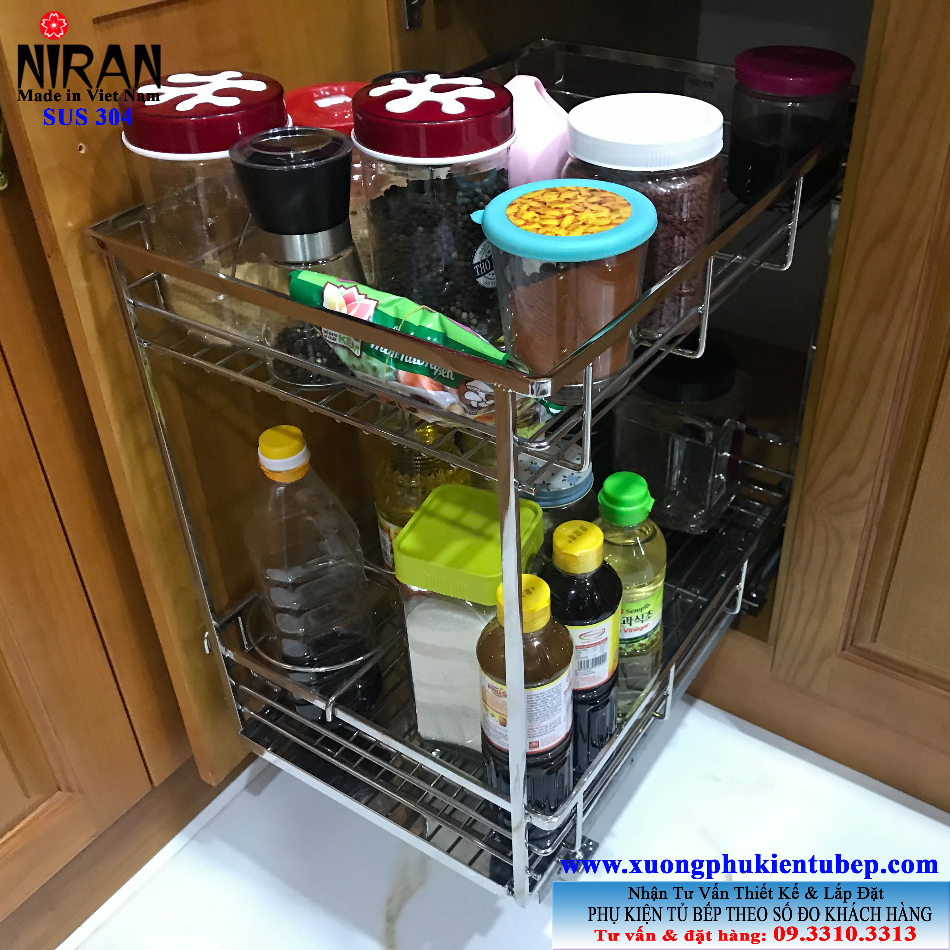 Kệ gia vị Niran inox 304 NR0301 có ray giảm chấn