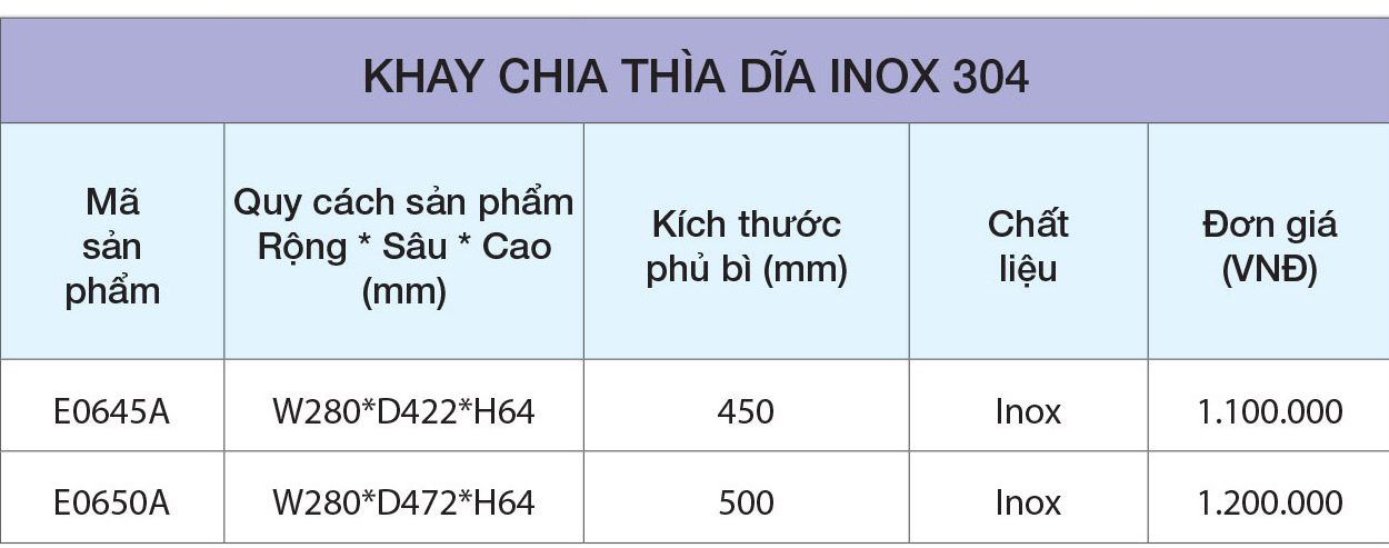 BẢNG GIÁ Khay chia thìa dĩa inox 304 E0645A – Eurogold