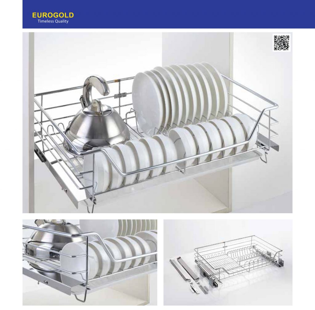 Giá bát đĩa inox nan âm tủ gắn cánh, ray giảm chấn EG62.60 – Eurogold