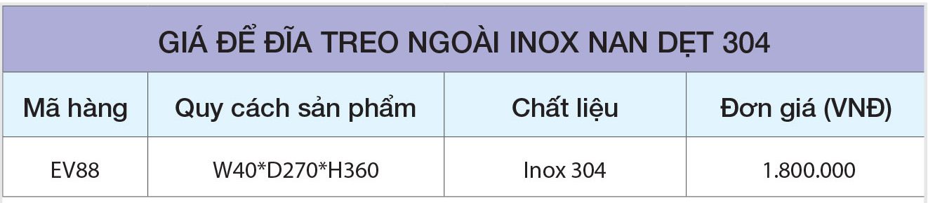 bảng giá Giá để đĩa treo ngoài inox 304 nan dẹt EV88 – Eurogold