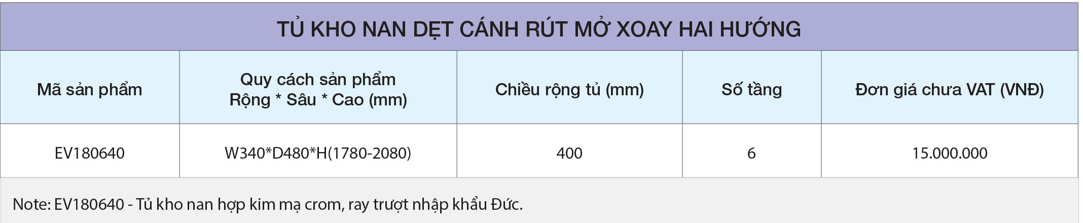 Thông số Tủ khô EV180640 6 tầng cánh rút mở xoay hai hướng Eurogold