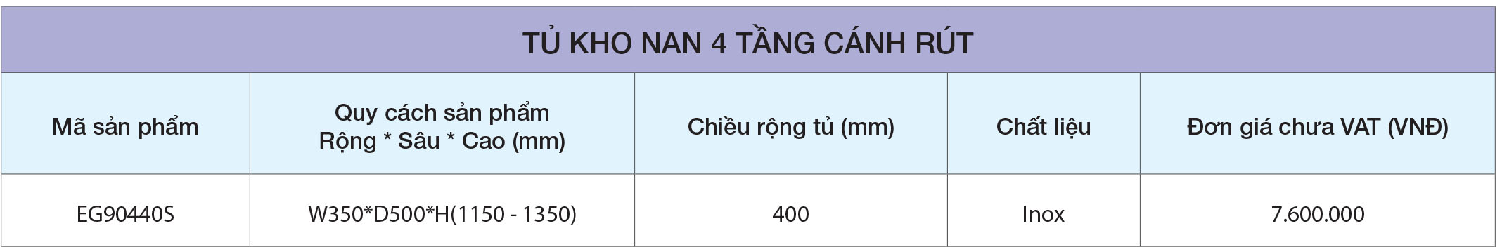 Thông số Tủ kho EG90440S inox nan 4 tầng cánh rút Eurogold