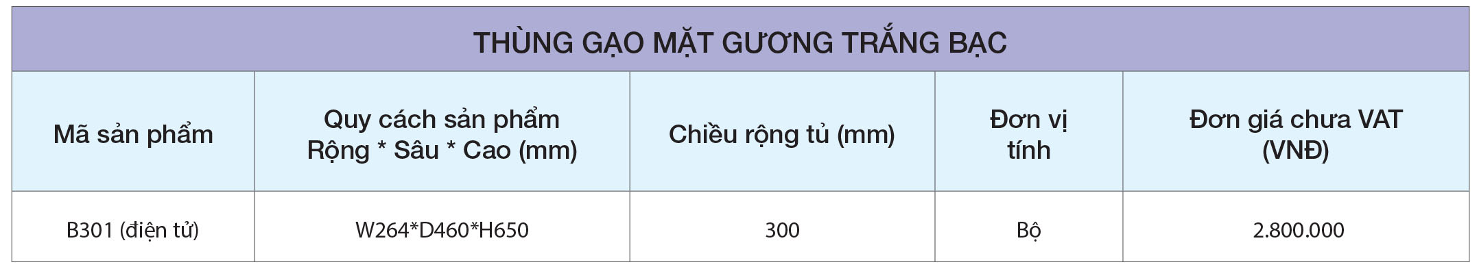 Thông số Thùng gạo điện tử B301 mặt gương trắng bạc – Eurogold