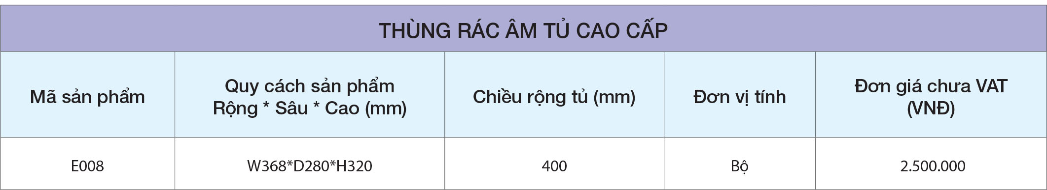 Thông số Thùng rác âm tủ E008 cao cấp Eurogold