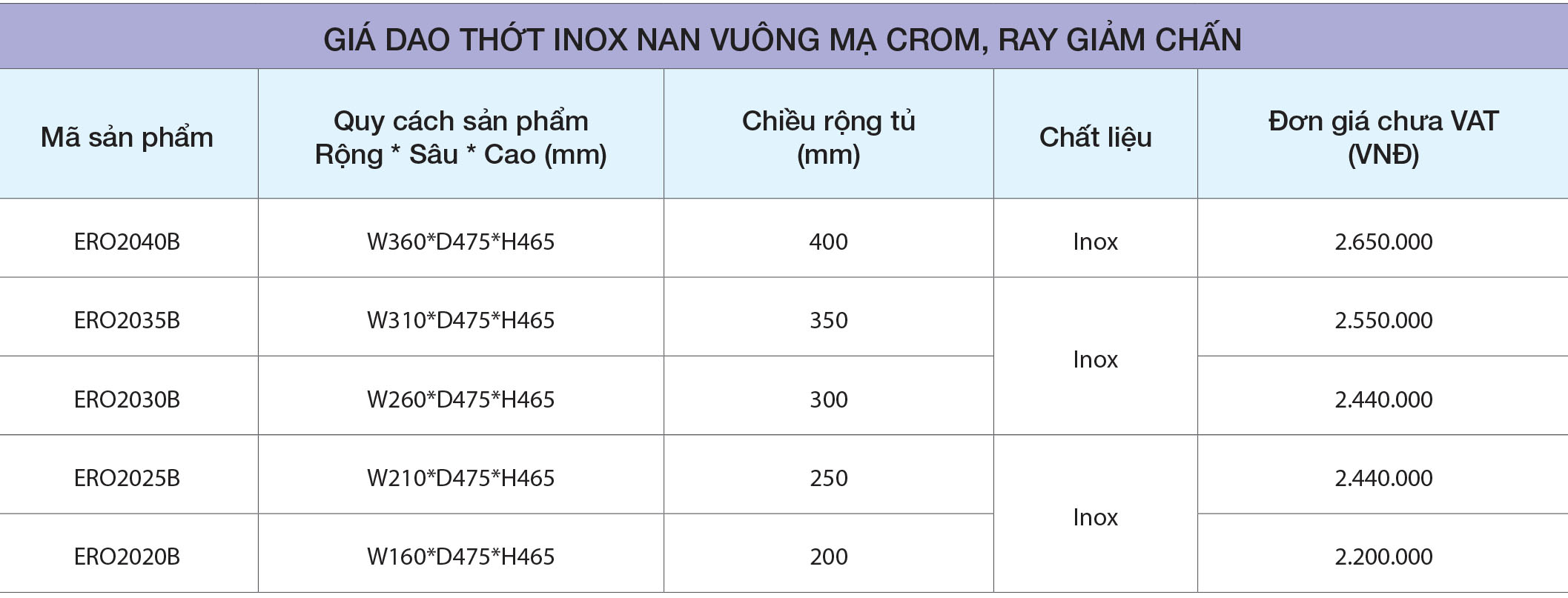 Thông số Giá dao thớt ERO2020 nan vuông inox bóng Eurogold