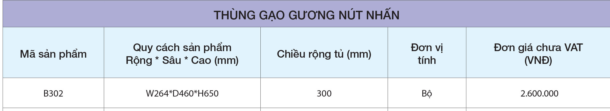 Thông số Thùng gạo gương nút nhấn B302