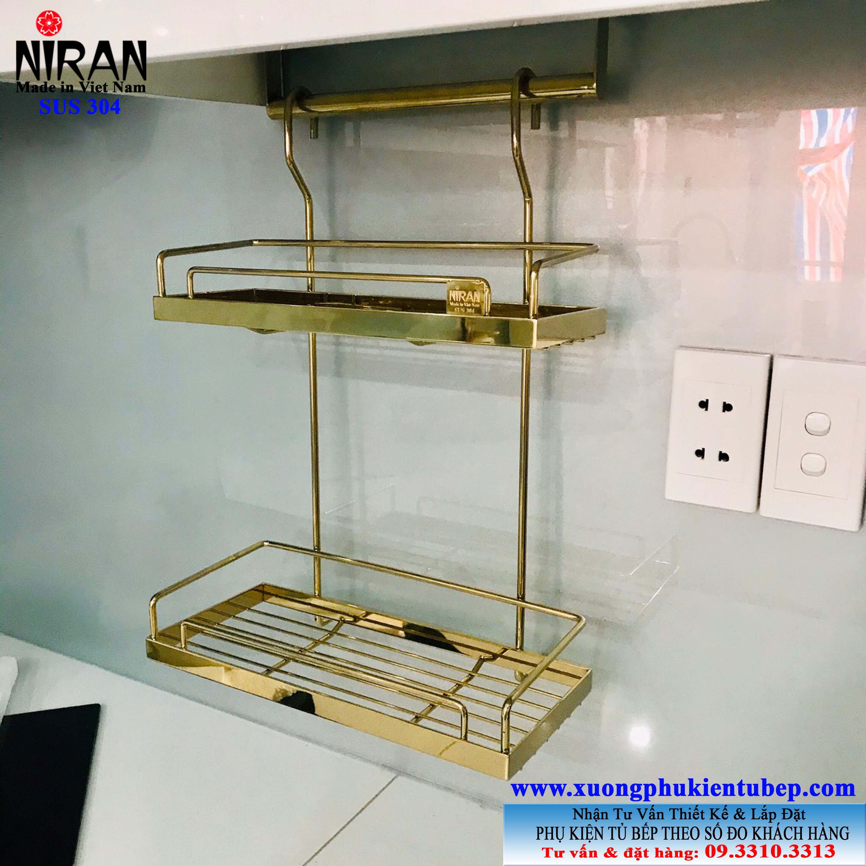 Kệ giạ vị 2 tầng treo inox 304 vàng Gold Niran - Made in Viet Nam