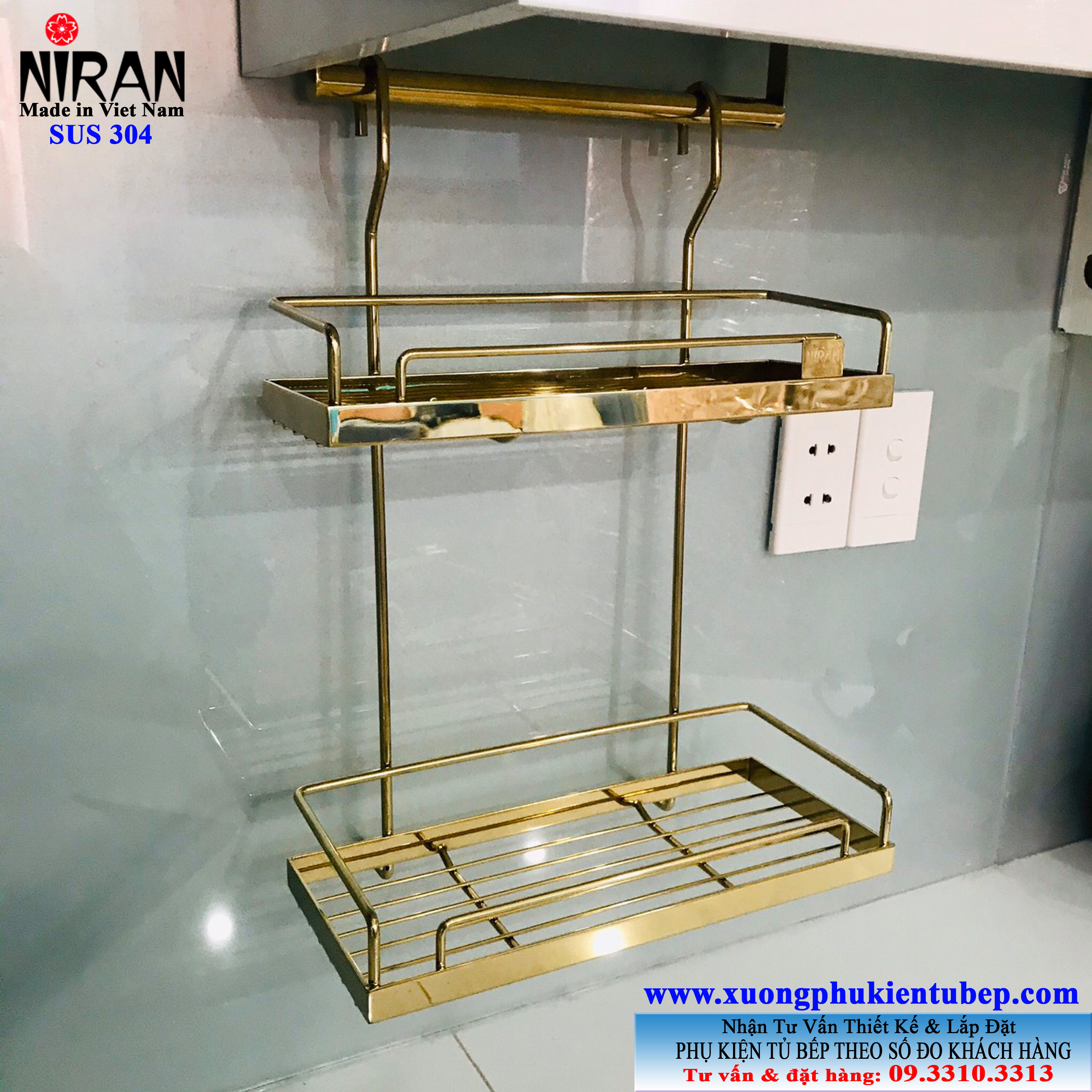 Kệ giạ vị 2 tầng treo inox 304 vàng Gold Niran - Made in Viet Nam