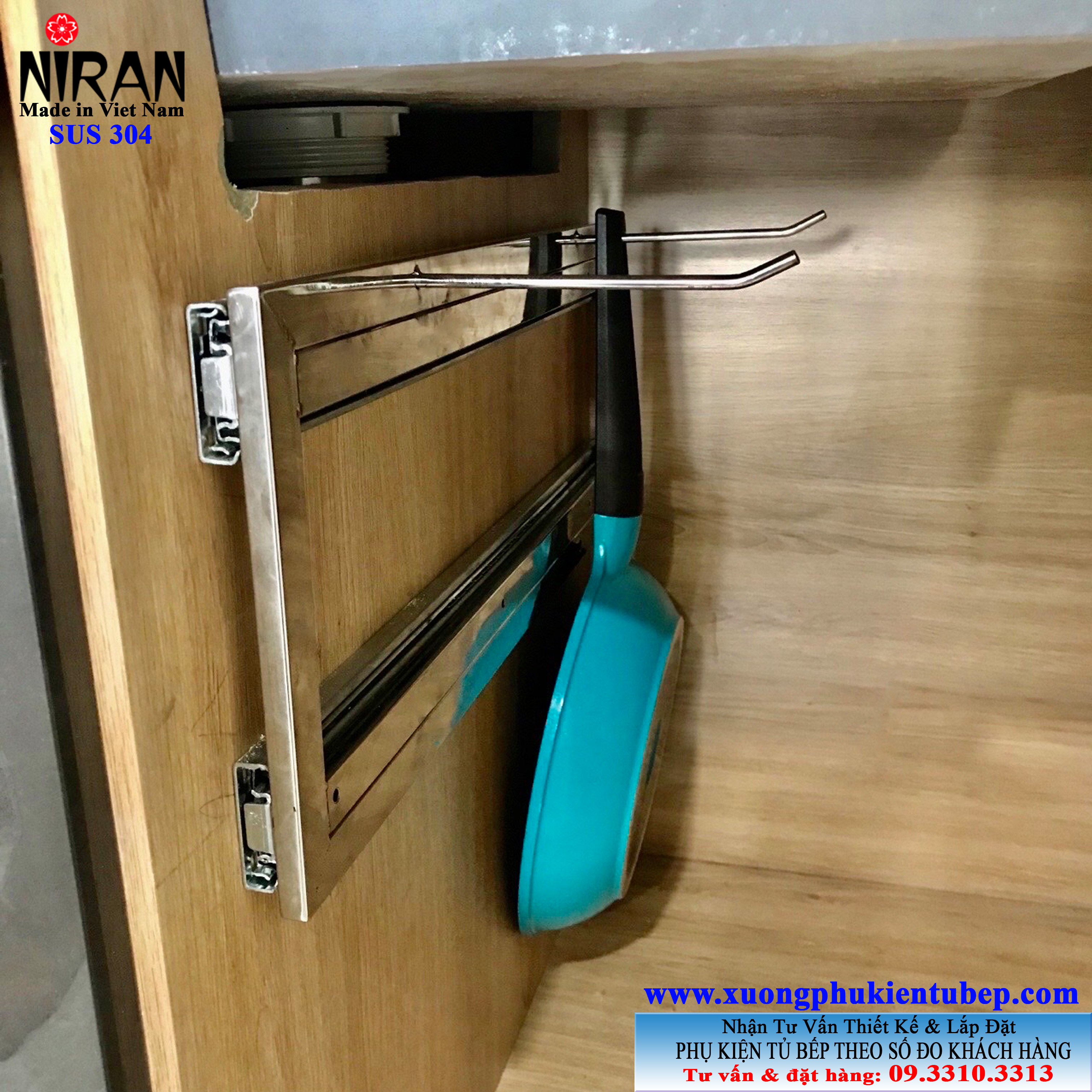 Kệ treo xoong chảo có ray kéo inox 304