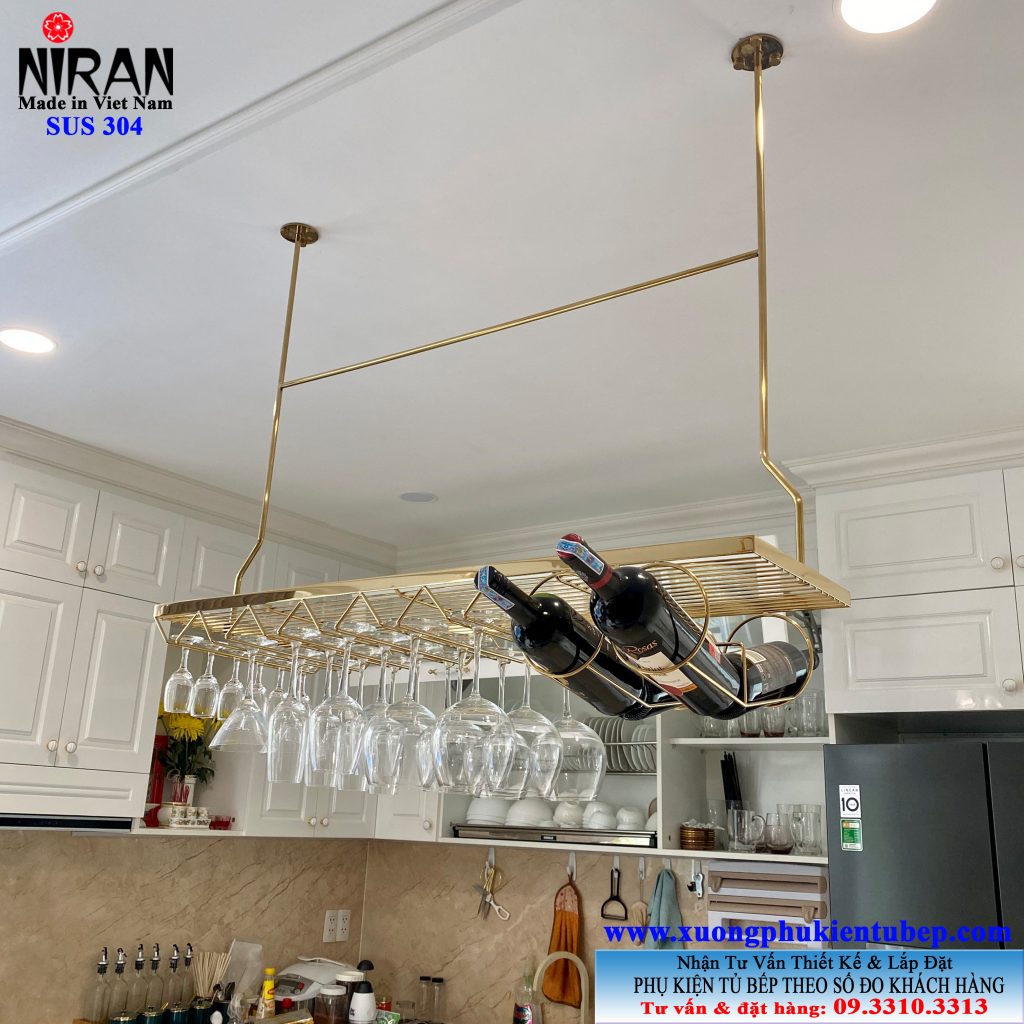 Kệ treo ly chai rượu mạ vàng inox 304