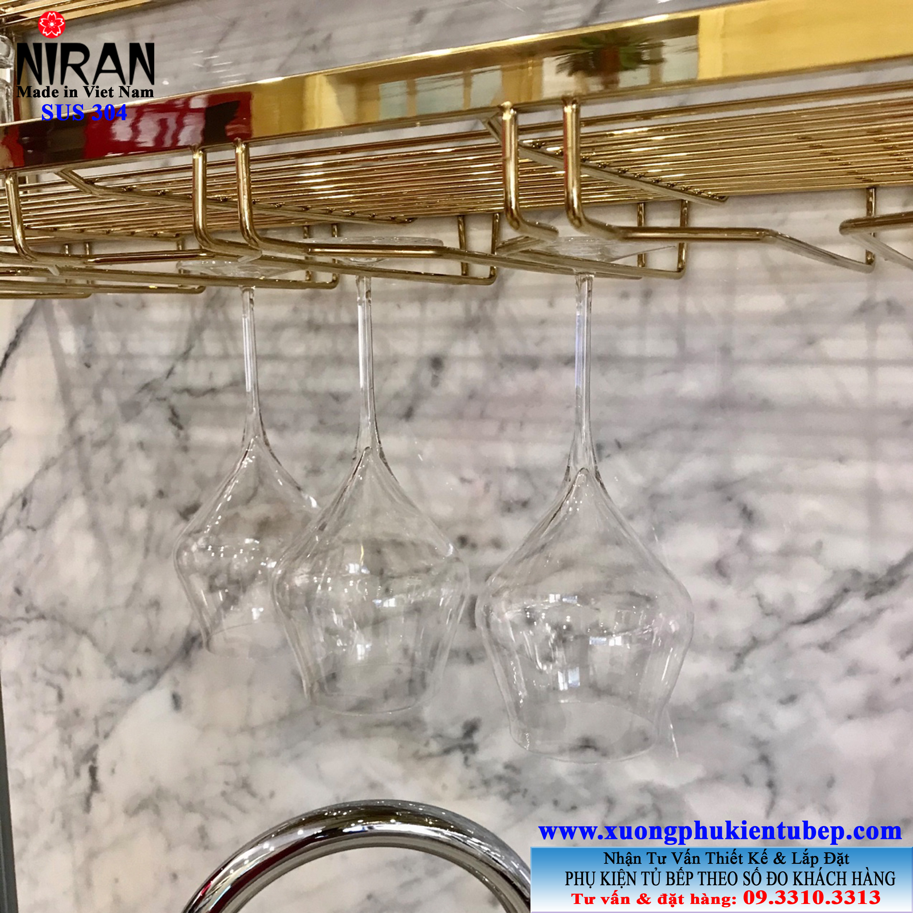 Kệ treo ly rượu 3 tầng gắn tường inox 304 Gold Niran NR0515 - Việt Nam